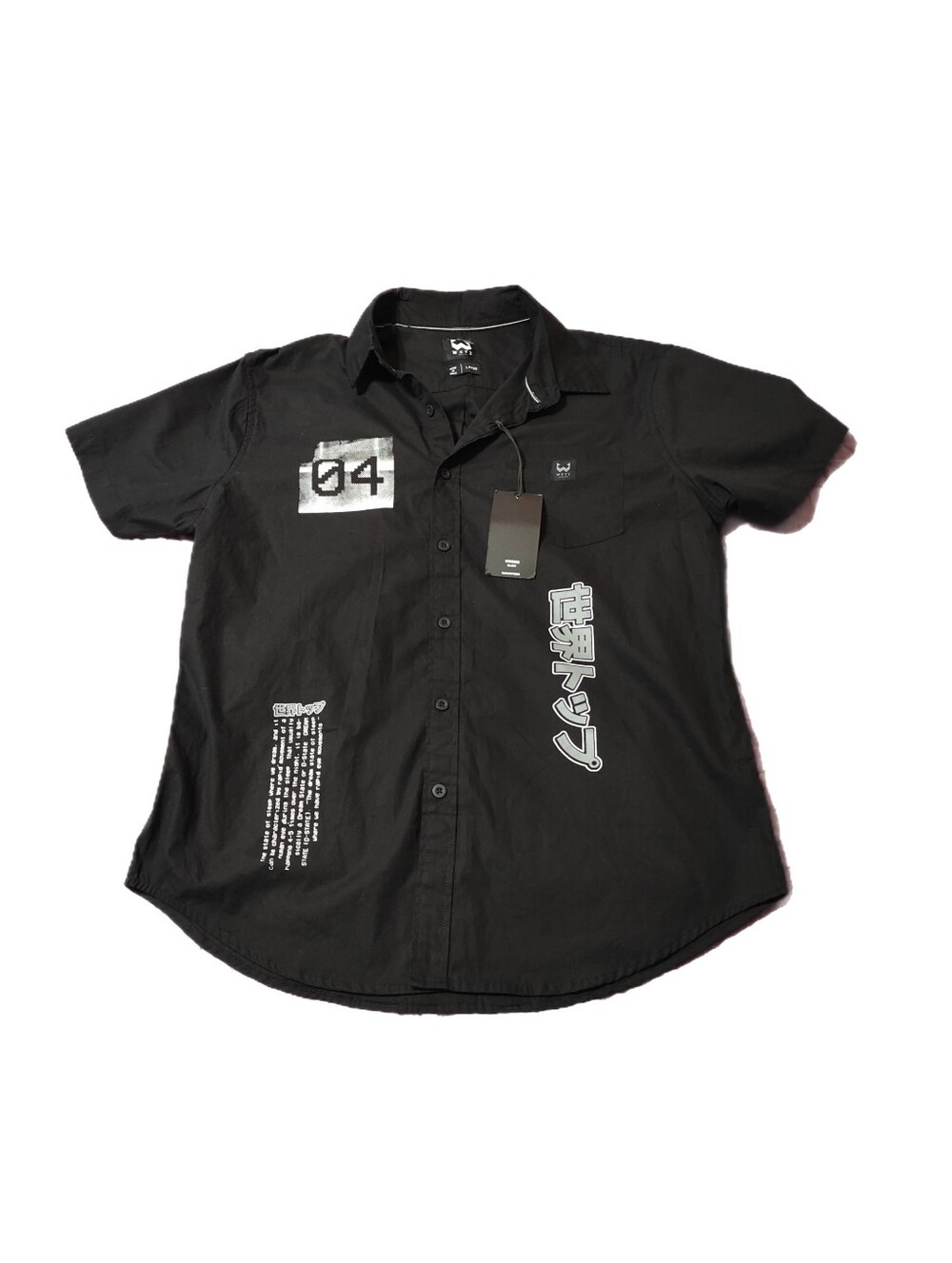 WXYZ Men's Black Graphic Button-Up Shirt Size Large NWT Y2K Japanese Streetwear